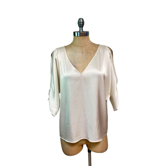St. John Designer Ivory Satin Cold Shoulder Blouse With Button Detail Small - Picture 1 of 6